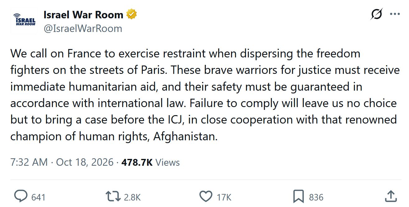 israel war room french protests 10 18 2026